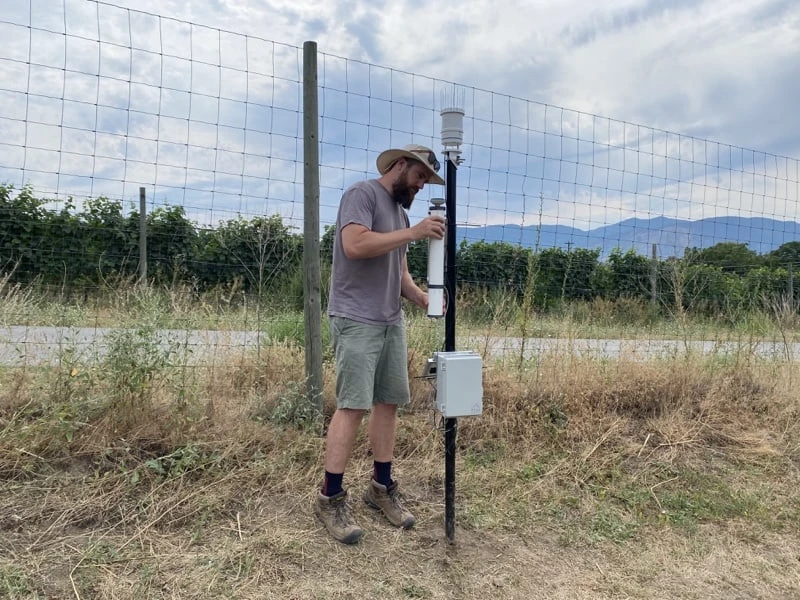 A field technician installing a FarField weather station in a vineyard block.